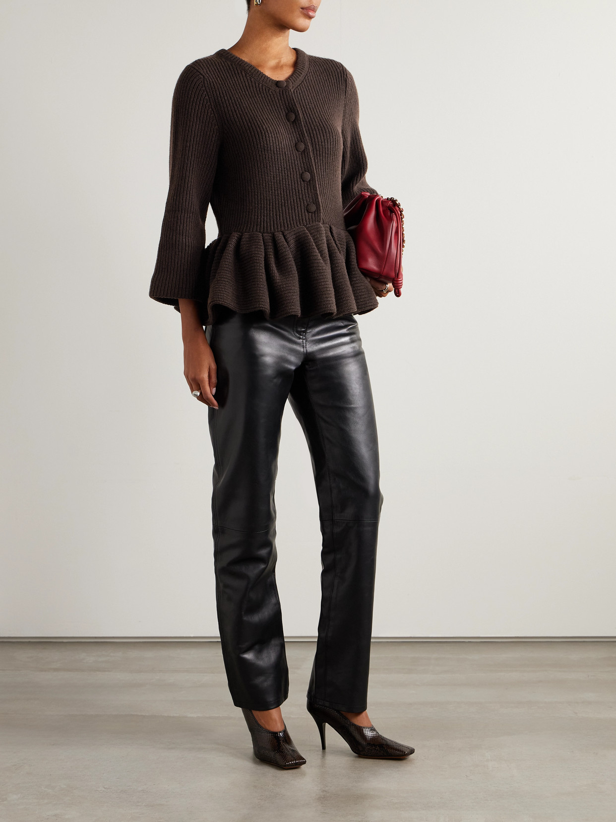 Liberowe Ruffled Cashmere Peplum Cardigan In Brown