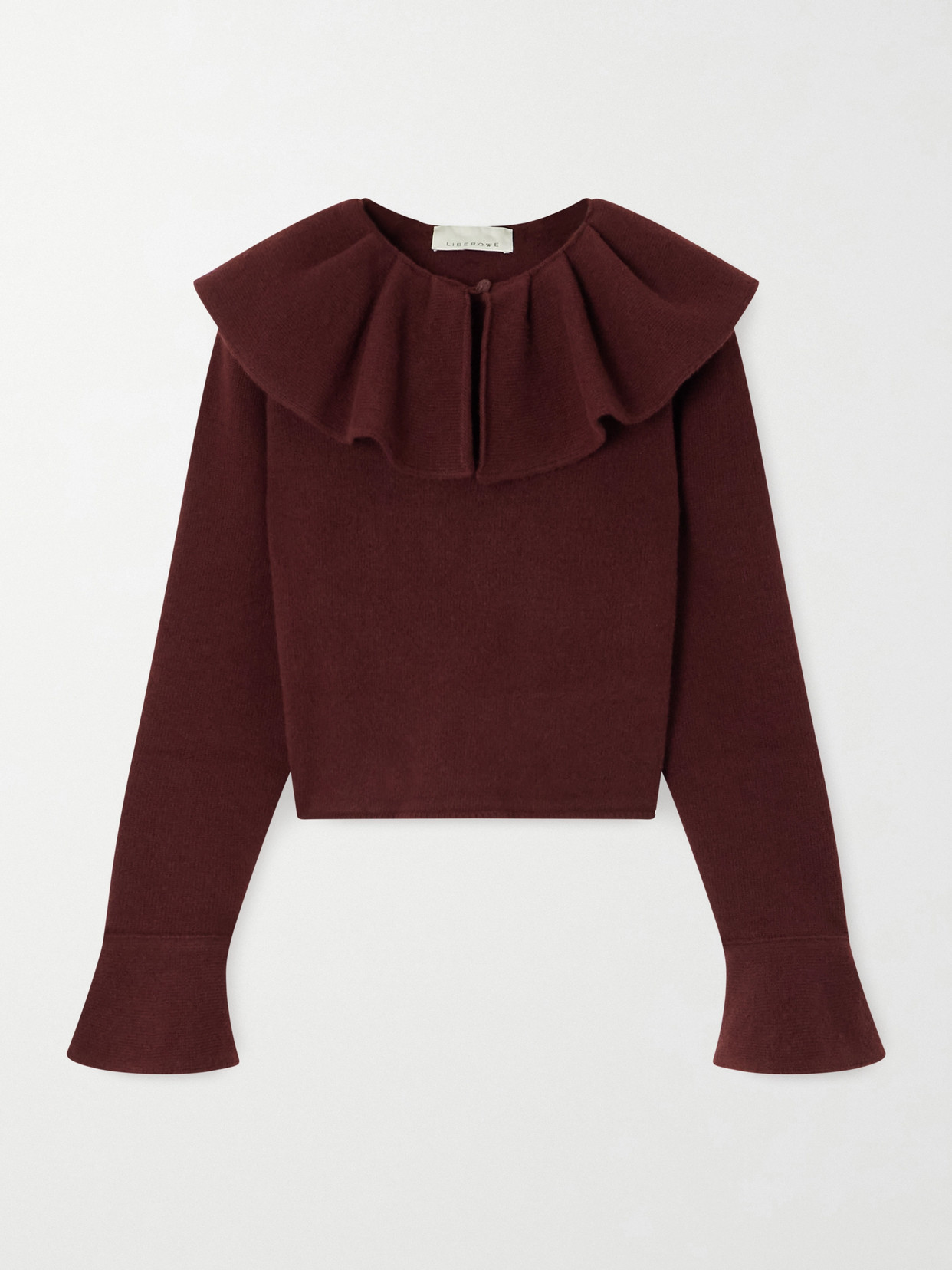 Liberowe Gia Cropped Ruffled Wool Sweater In Burgundy