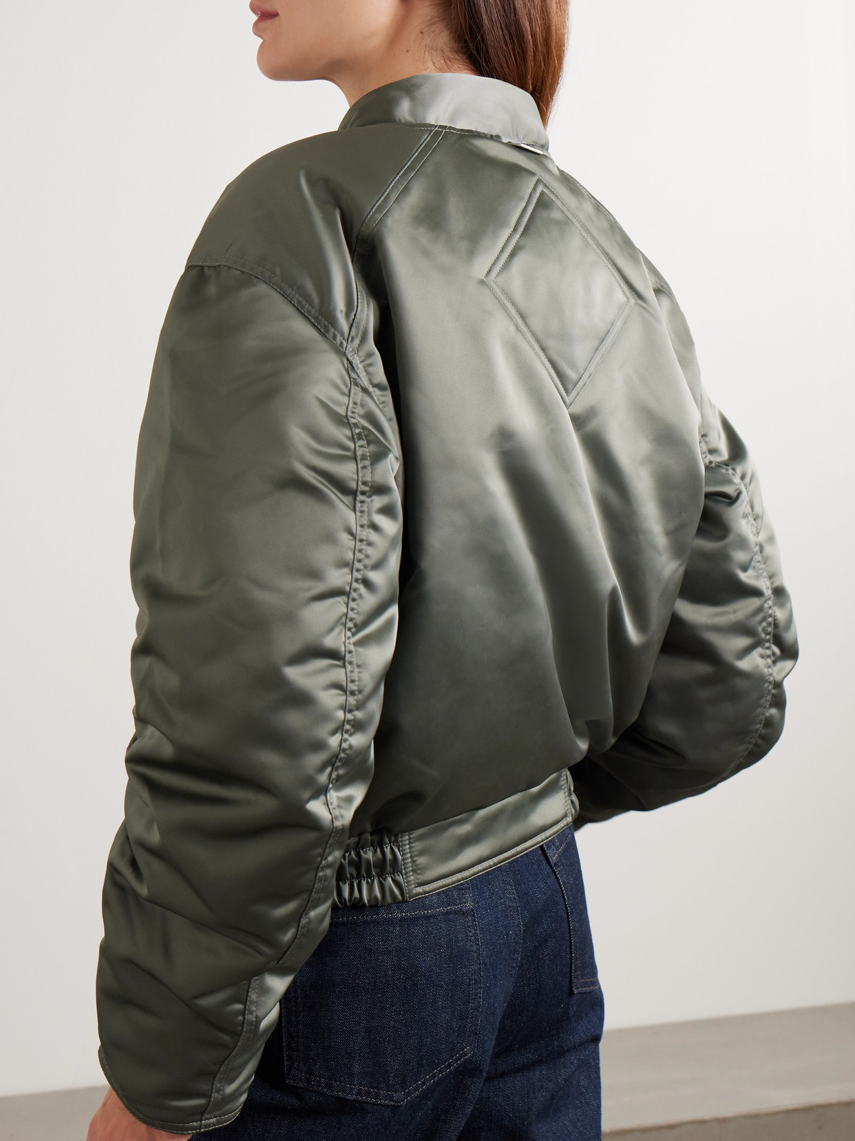 Jade Appliquéd Ruched Padded Satin Bomber Jacket