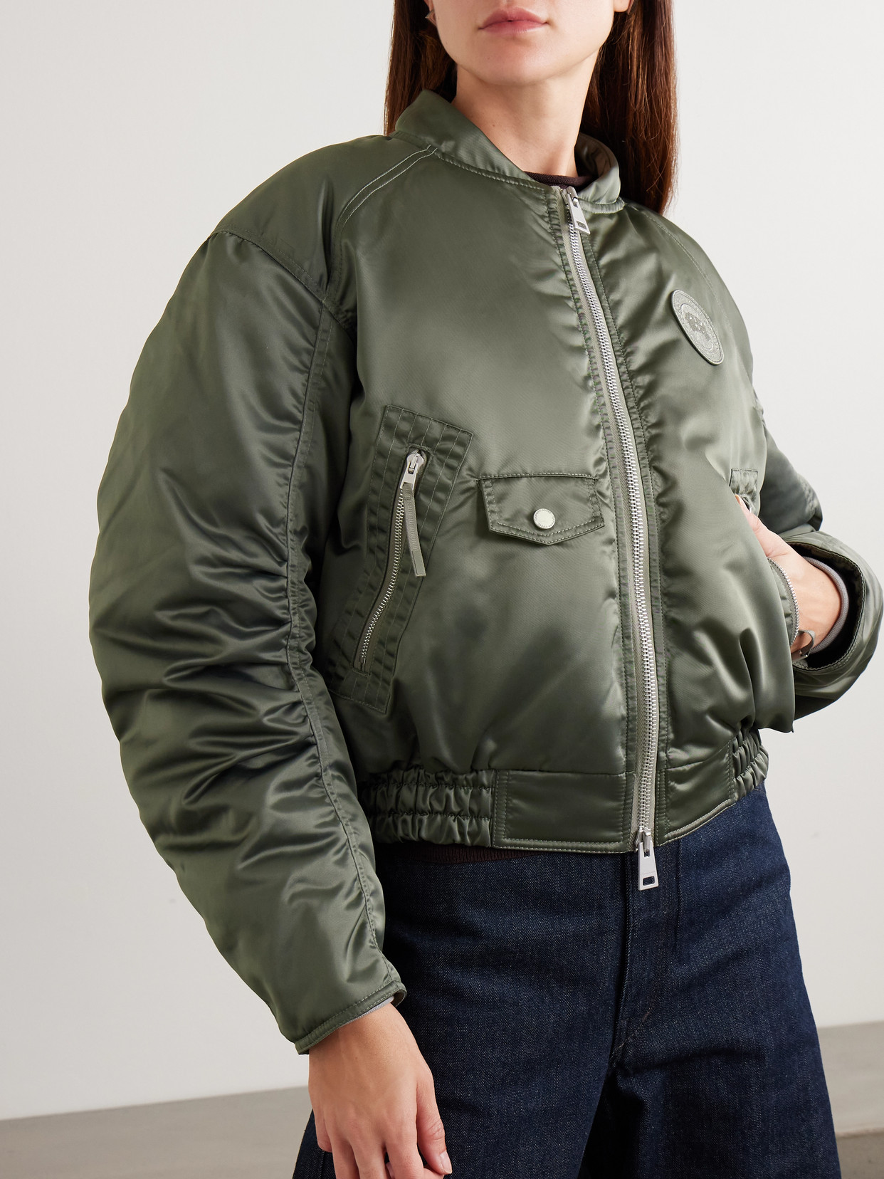 Jade Appliquéd Ruched Padded Satin Bomber Jacket