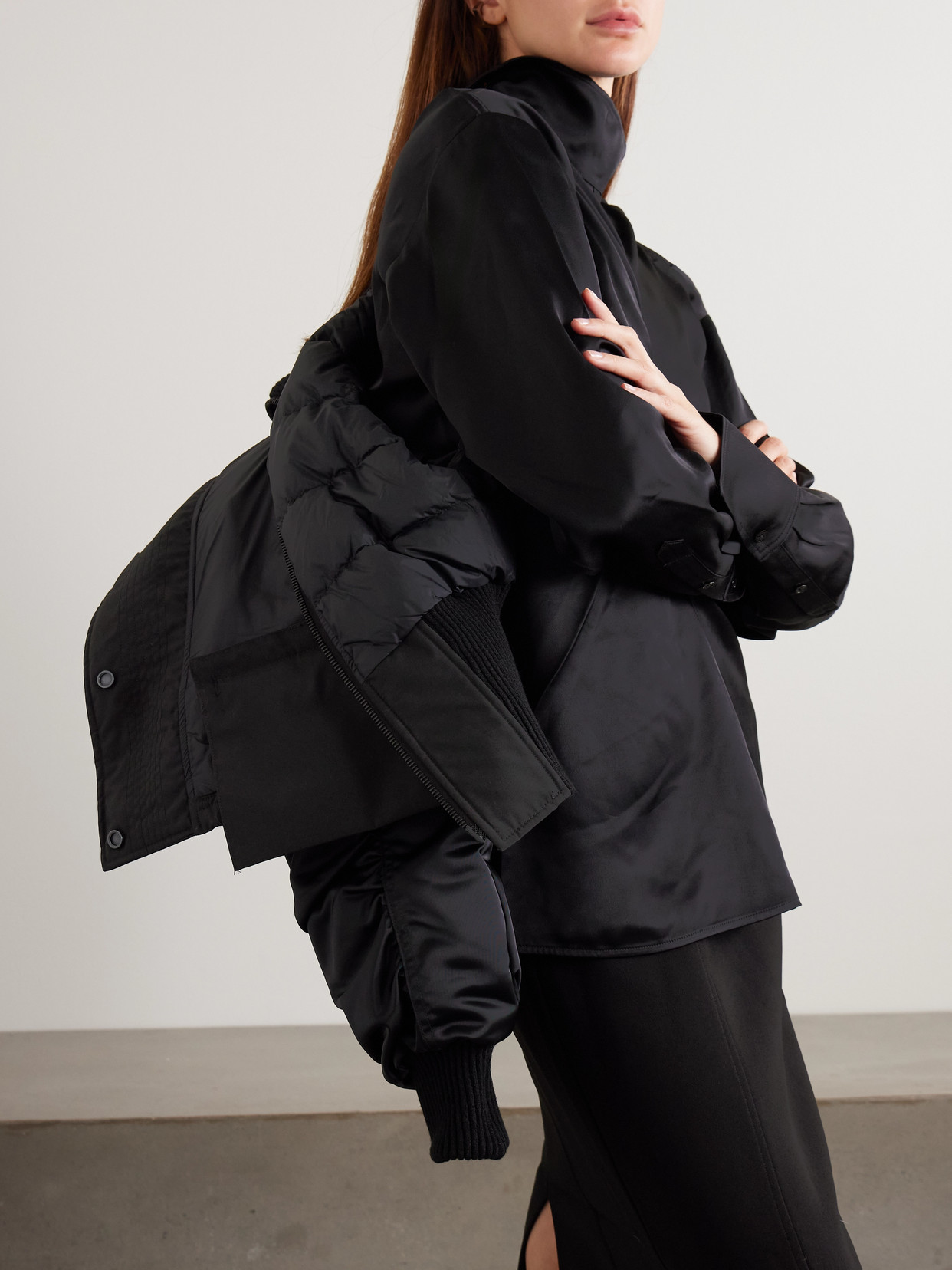 Claremont Oversized Cropped Layered Satin And Shell Bomber Jacket