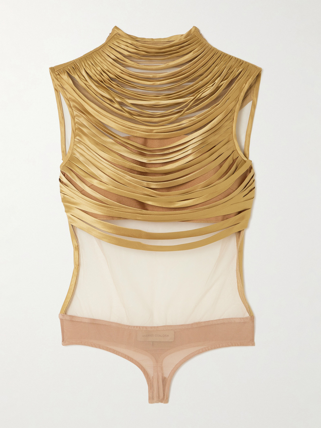 Andres Otalora Pulsos Fringed Silk-charmeuse And Mesh Bodysuit In Gold
