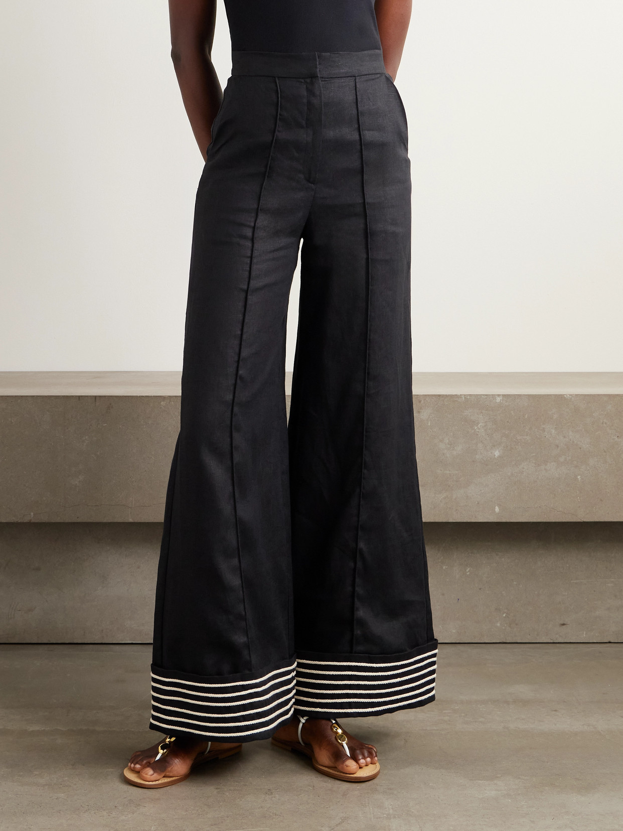 Andres Otalora Tu Sutileza Embroidered Linen Wide-leg Pants In Black