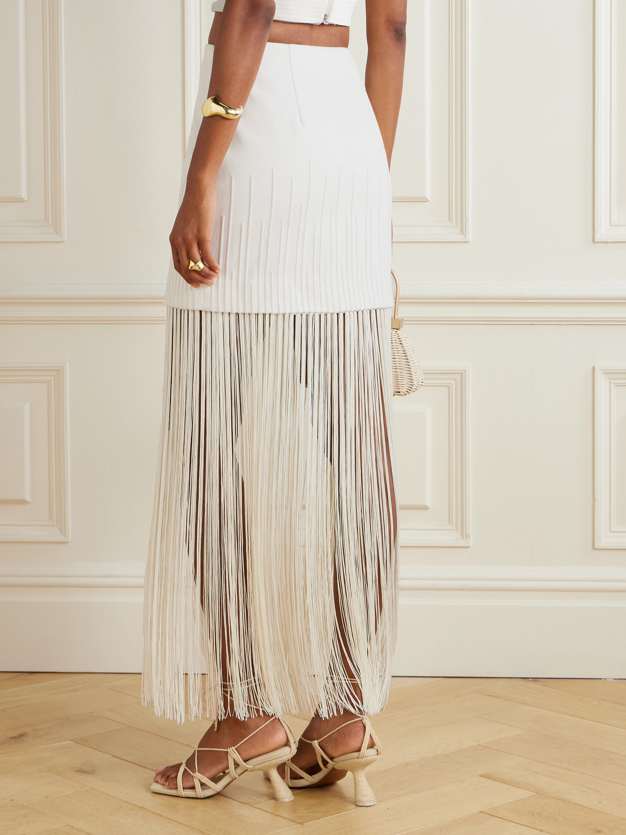 Andres Otalora Aurora Stutil Fringed Embroidered Cotton-twill Maxi Skirt In Gold