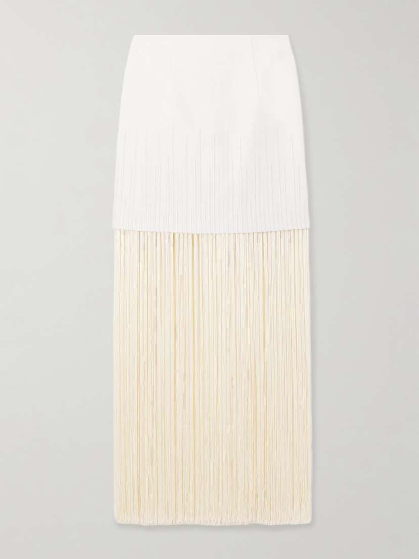 ANDRES OTALORA Aurora Stutil Fringed Embroidered Cotton-twill Maxi Skirt