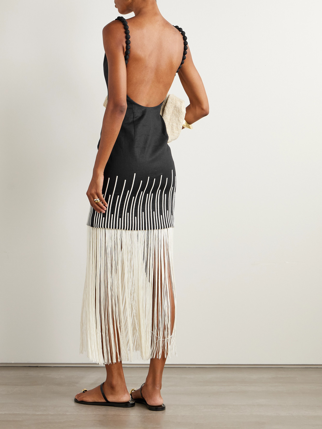 Andres Otalora Silencios Fringed Linen Midi Dress In Black