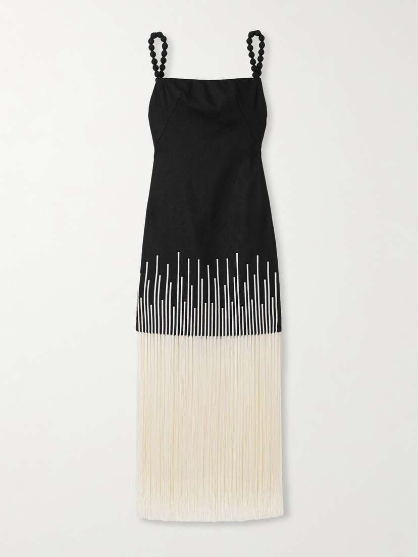 ANDRES OTALORA Silencios Fringed Linen Midi Dress