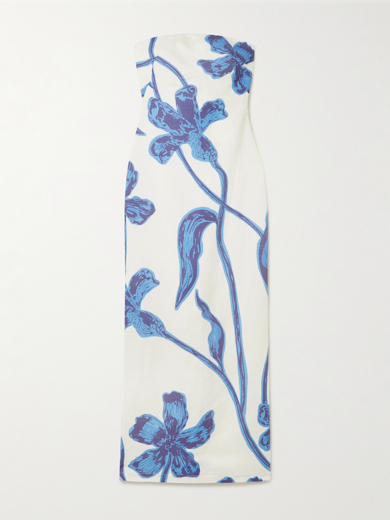 Andres Otalora Nosso Amor Strapless Floral-print Linen Maxi Dress In Blue