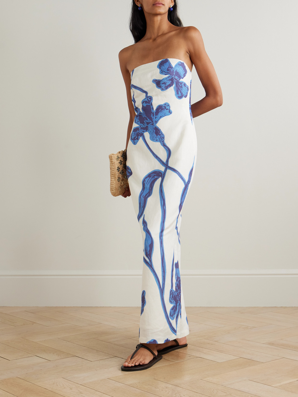 Andres Otalora Nosso Amor Strapless Floral-print Linen Maxi Dress In Blue