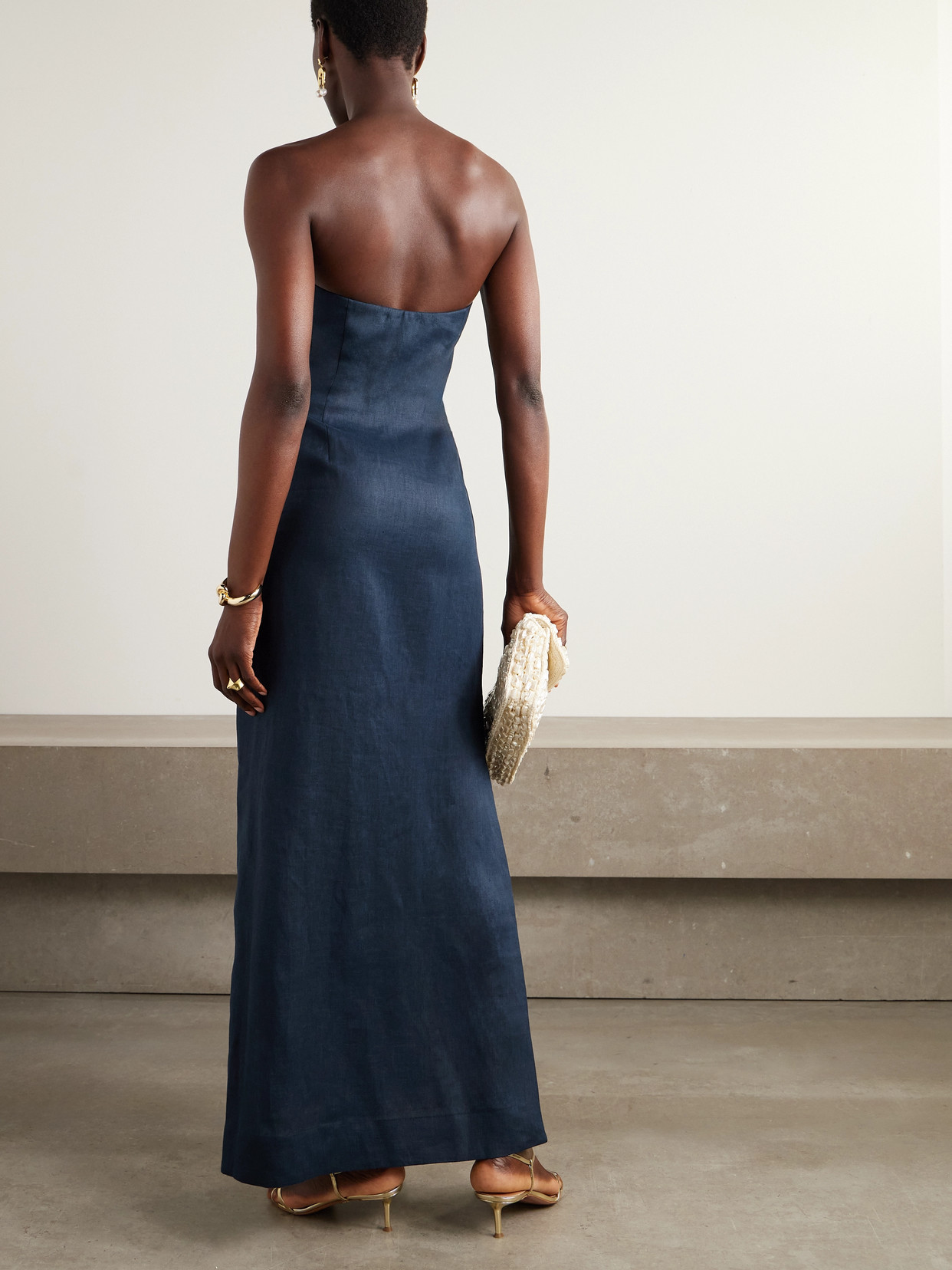 Andres Otalora Tactos Strapless Embroidered Appliquéd Linen Maxi Dress In Blue