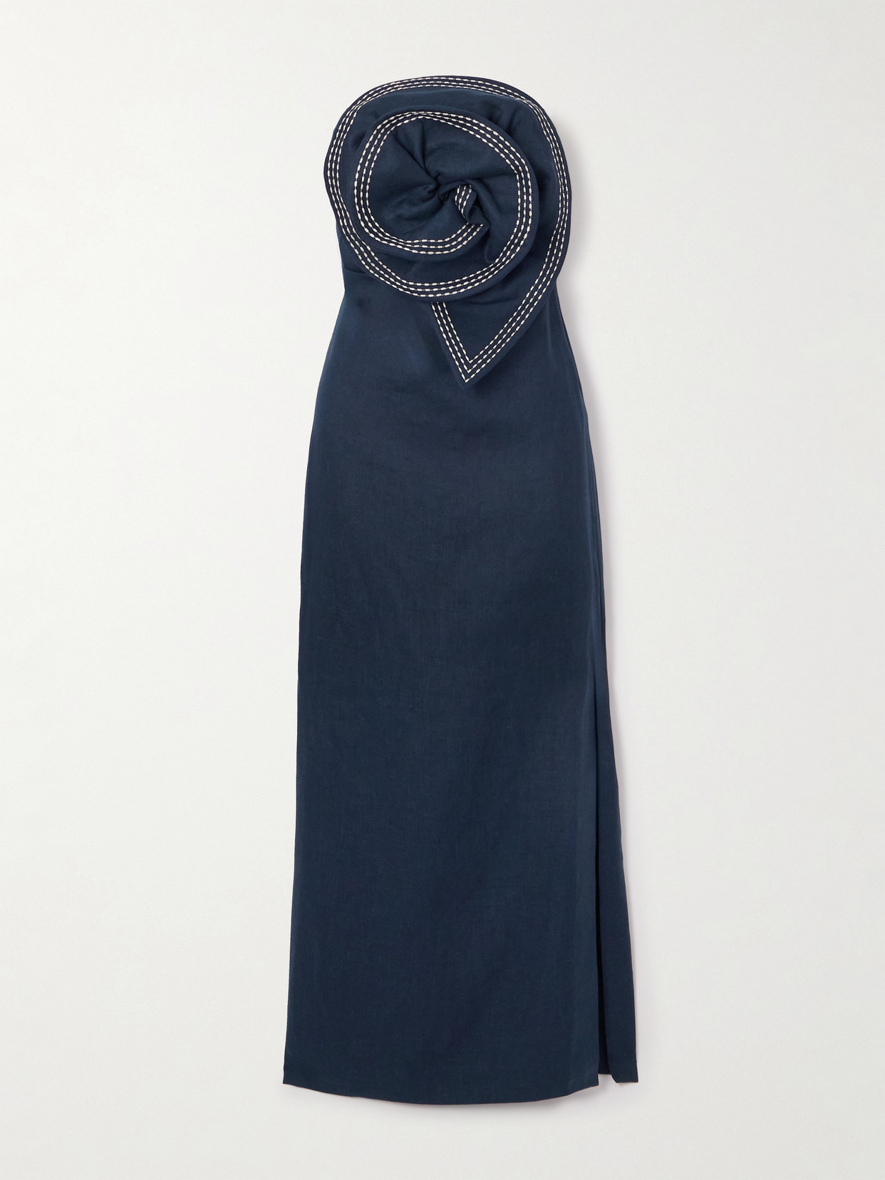 Andres Otalora Tactos Strapless Embroidered Appliquéd Linen Maxi Dress In Blue