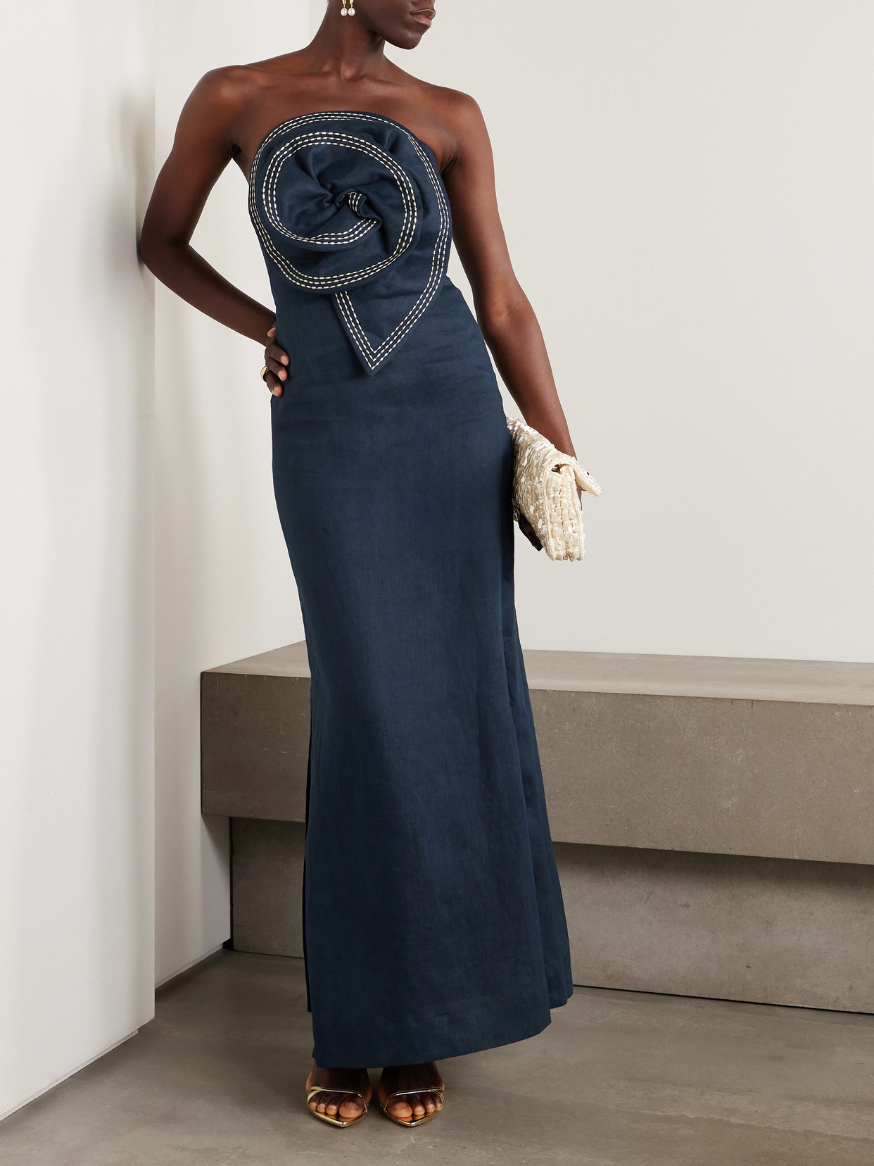 Andres Otalora Tactos Strapless Embroidered Appliquéd Linen Maxi Dress In Blue