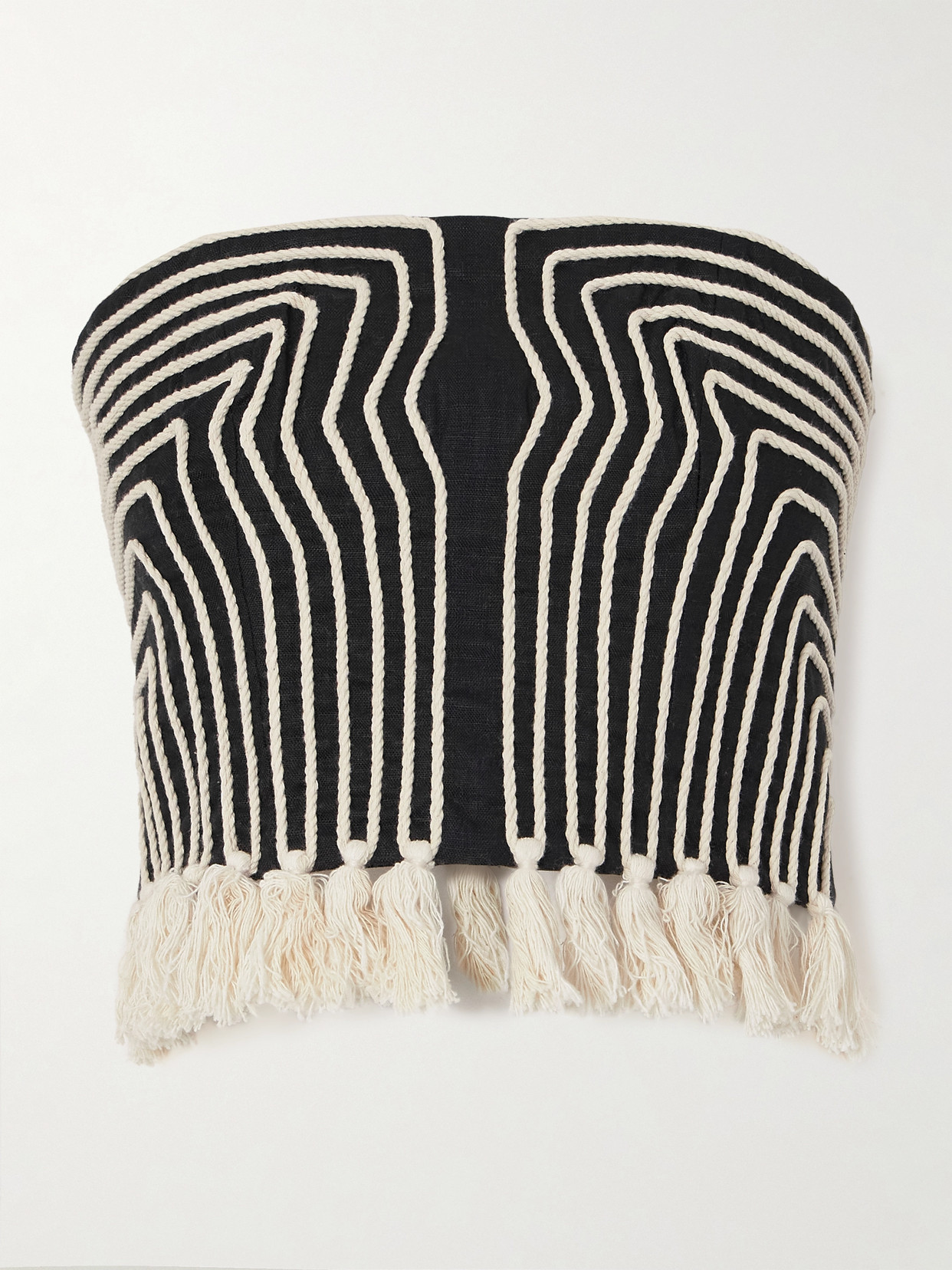 Andres Otalora Escuchas Cropped Strapless Tasseled Embroidered Linen Top In Black