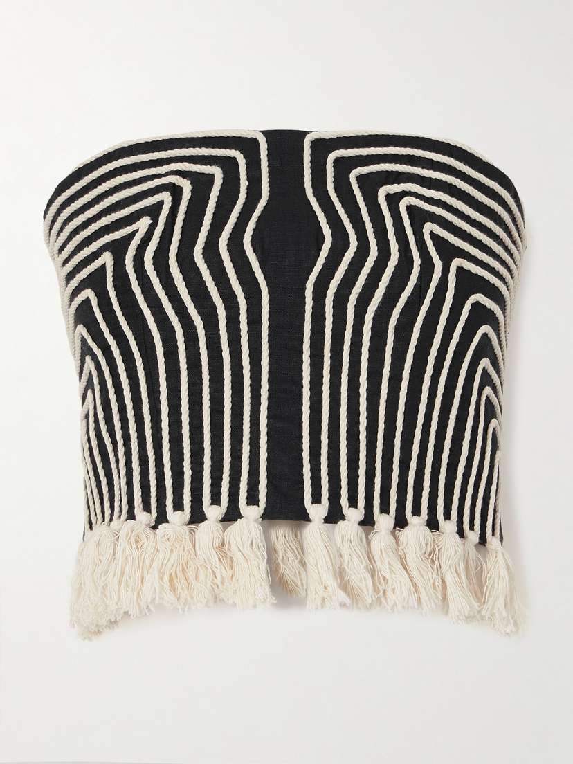 ANDRES OTALORA Escuchas Cropped Strapless Tasseled Embroidered Linen Top