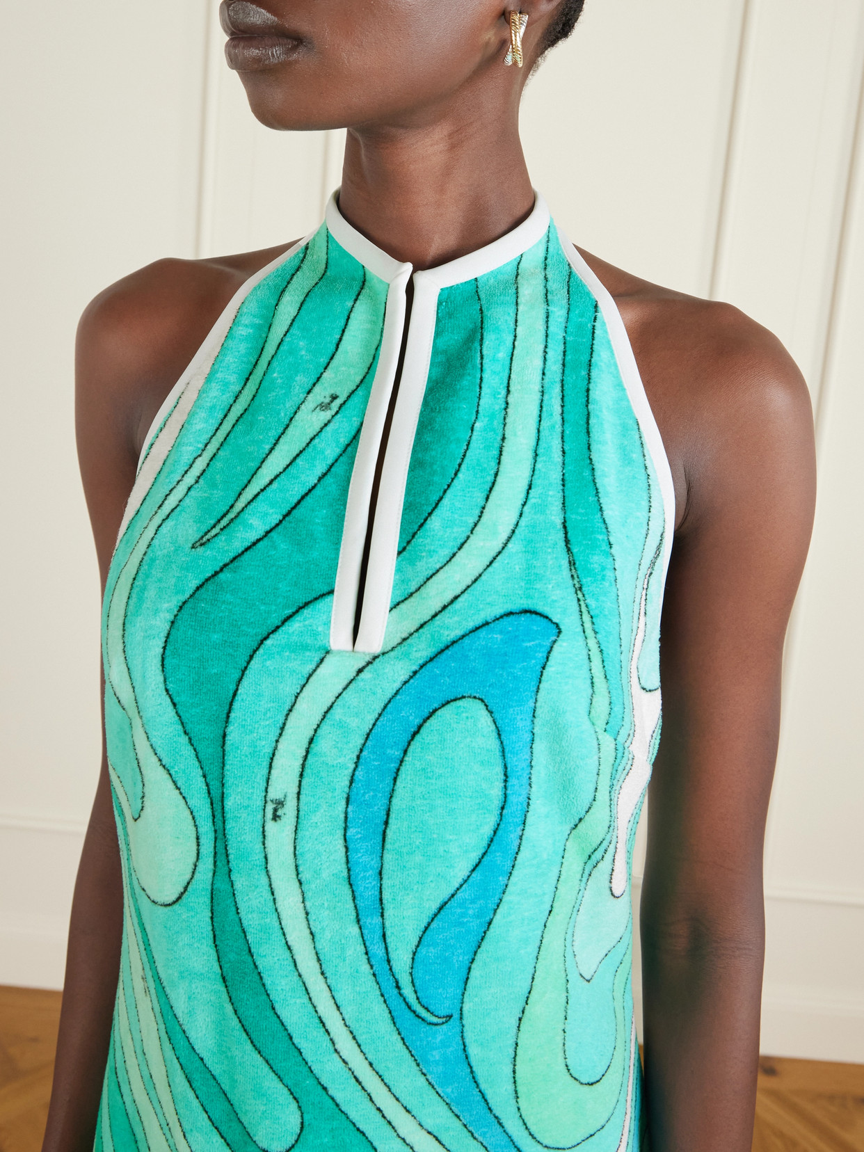 Pucci Printed Cotton-terry Halterneck Mini Dress In Blue