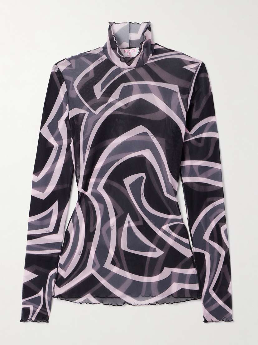 PUCCI Printed Tulle Turtleneck Top