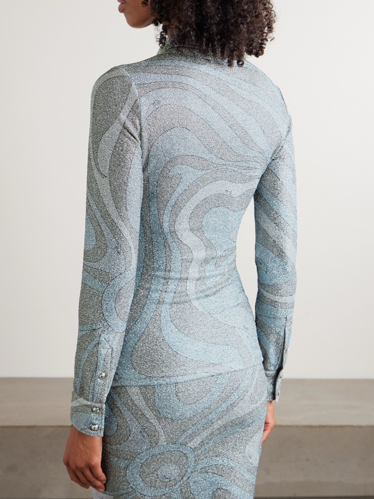 Pucci Printed Metallic Jersey Polo Shirt In Blue