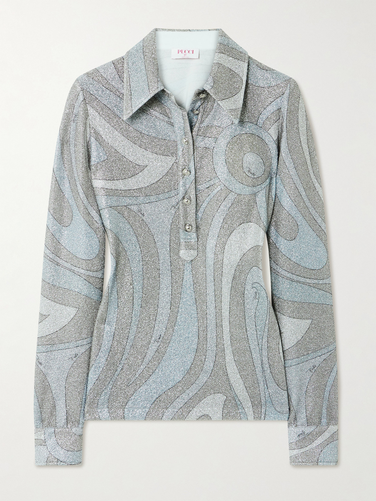 Pucci Printed Metallic Jersey Polo Shirt In Blue