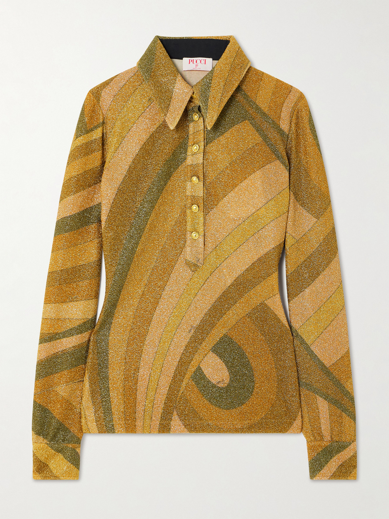 Pucci Printed Metallic Jersey Polo Shirt In Gold