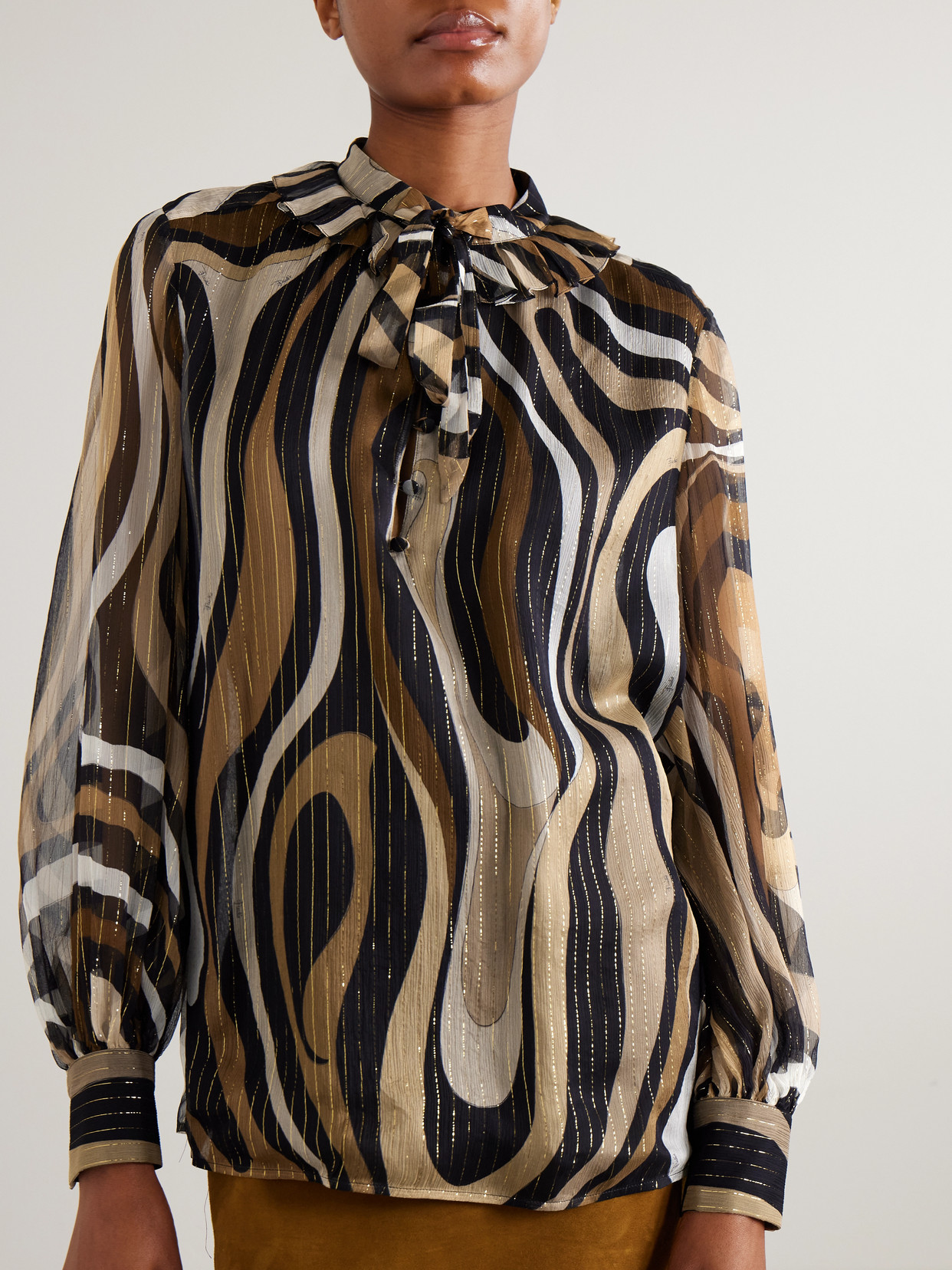 Pucci Ruffled Metallic Silk-blend Crepon Pussy-bow Blouse In Gold