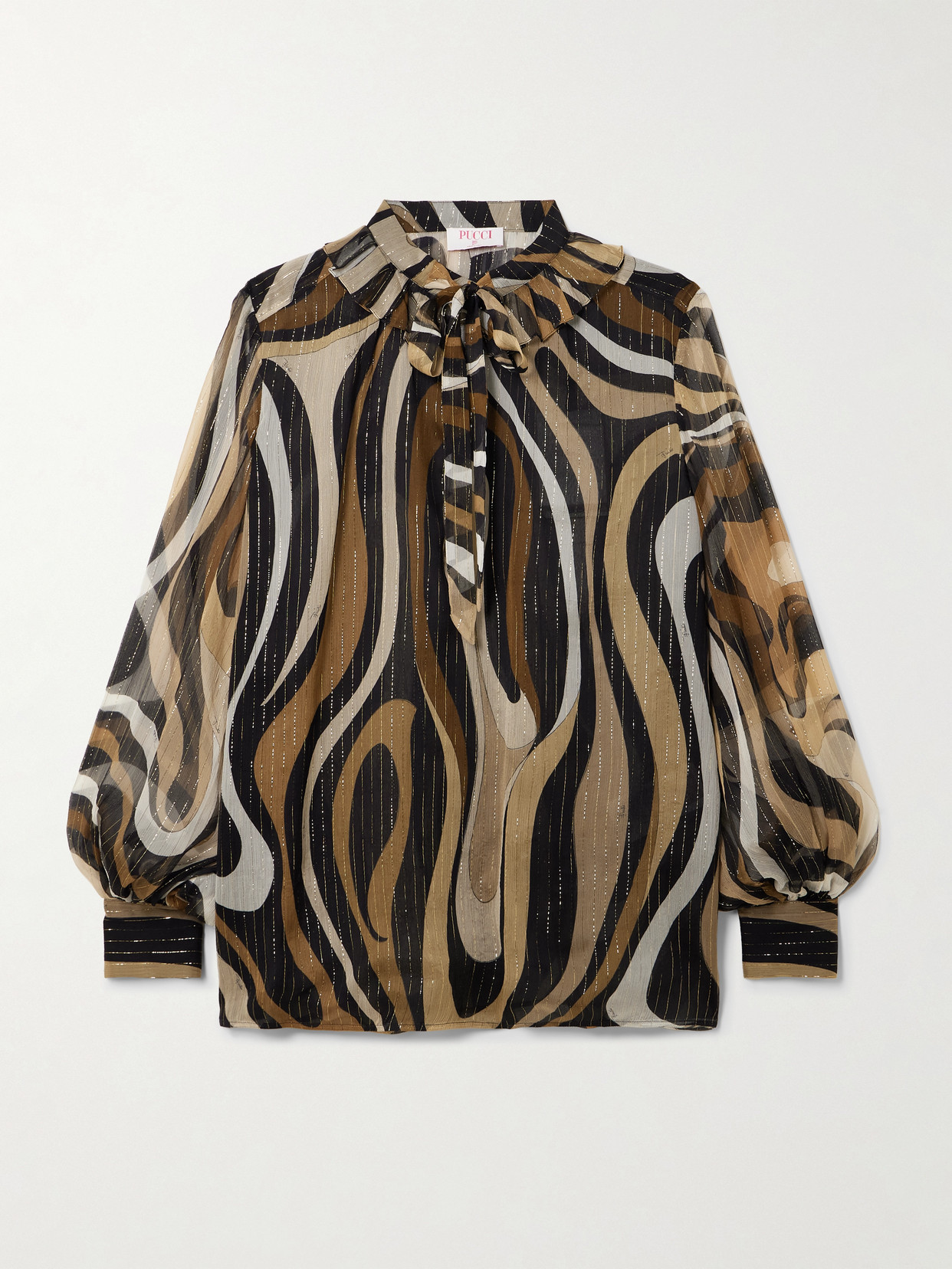 Pucci Ruffled Metallic Silk-blend Crepon Pussy-bow Blouse In Gold