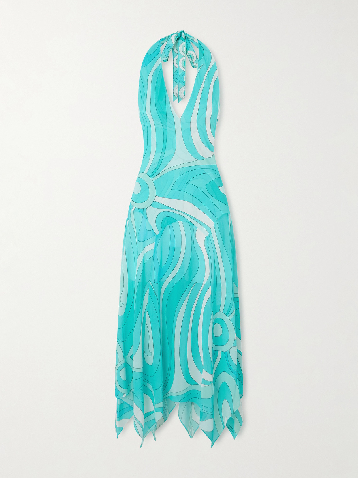 Pucci Printed Silk Twill-trimmed Crepe-jersey Halterneck Midi Dress In Blue