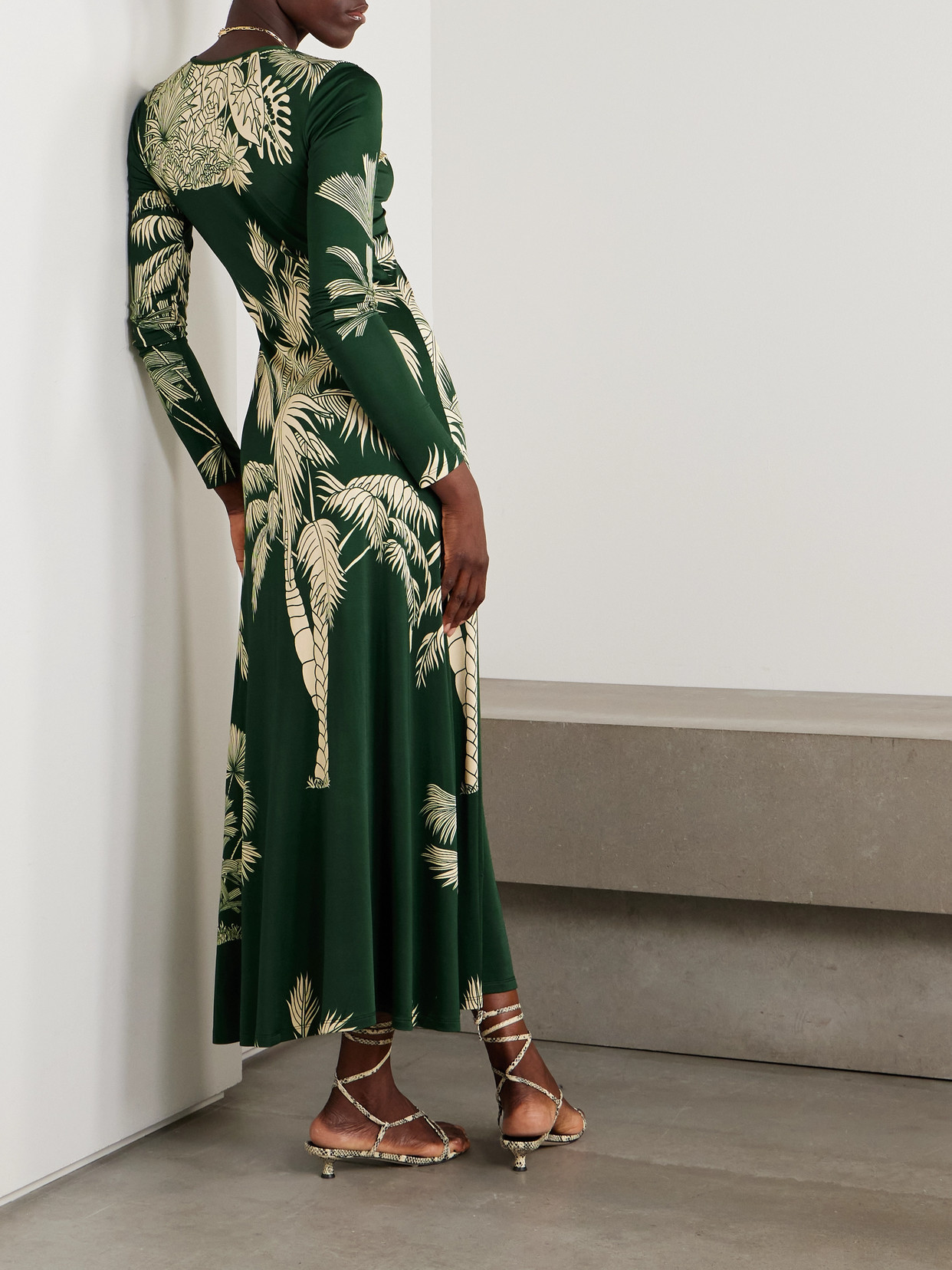 Johanna Ortiz Alma Bordara Gathered Printed Jersey Maxi Dress In Green