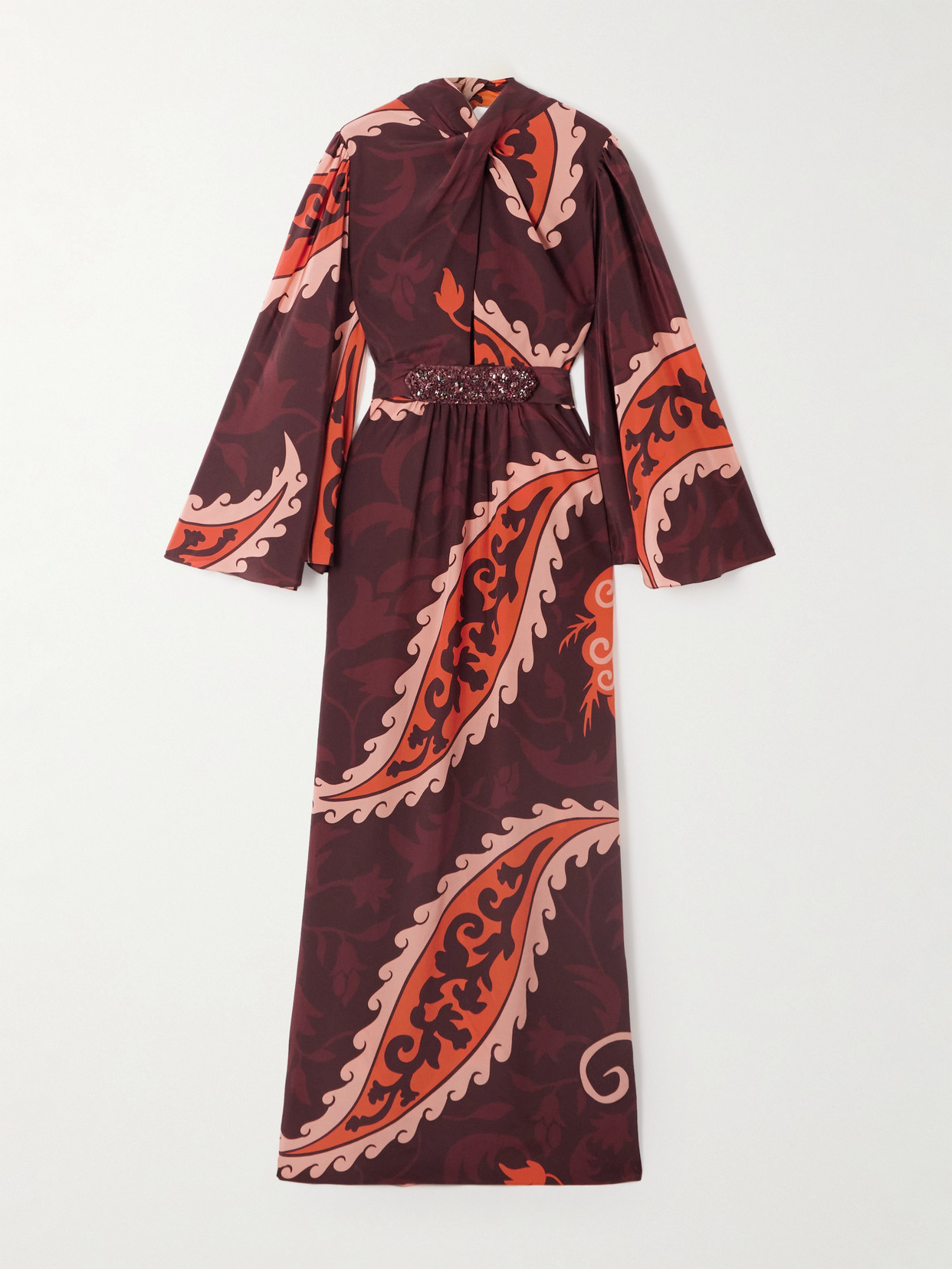 Johanna Ortiz Santa Maria Belted Printed Silk-satin Maxi Dress In Burgundy