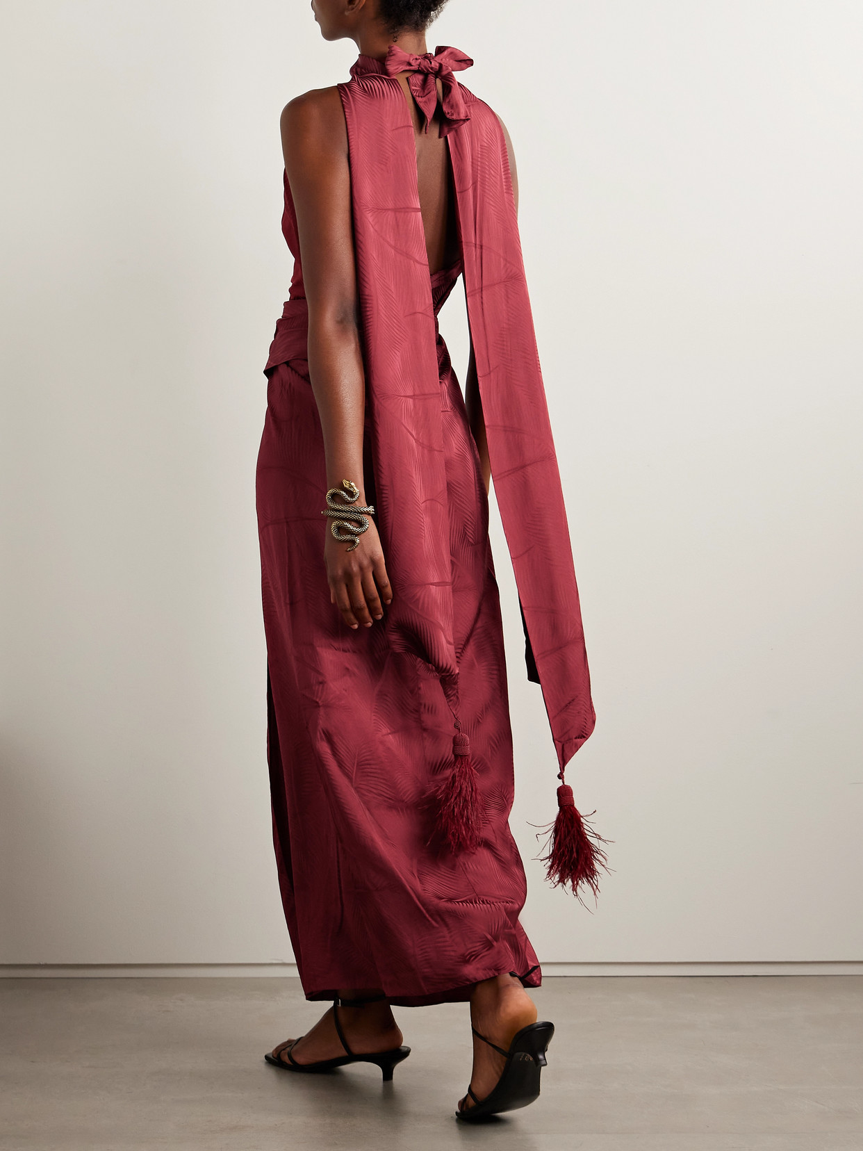 Johanna Ortiz Wildly Beautiful Tasseled Satin-jacquard Halterneck Maxi Dress In Burgundy