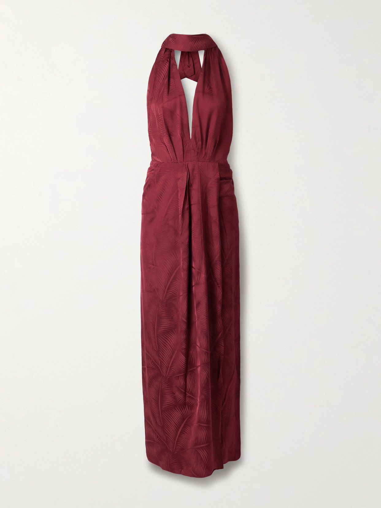 Johanna Ortiz Wildly Beautiful Tasseled Satin-jacquard Halterneck Maxi Dress In Burgundy