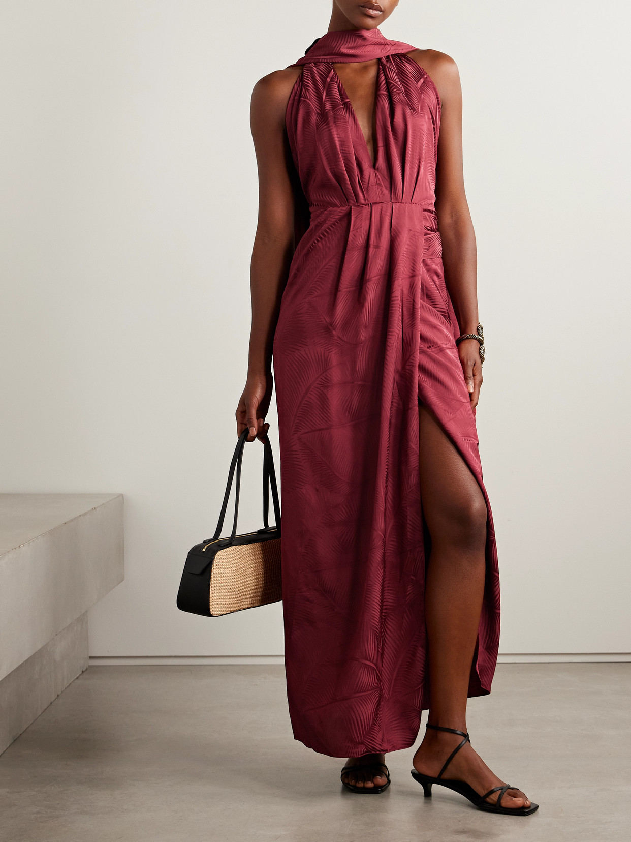 Johanna Ortiz Wildly Beautiful Tasseled Satin-jacquard Halterneck Maxi Dress In Burgundy