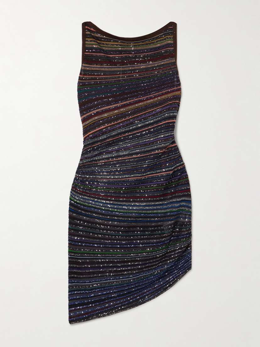 Missoni Asymmetric Sequin-embellished Striped Metallic Crochet-knit Mini Dress