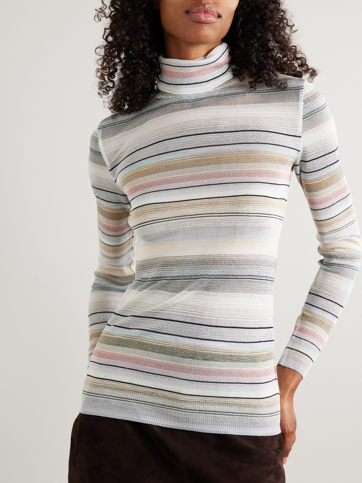 Missoni Striped Metallic Crochet-knit Turtleneck Sweater In Multi