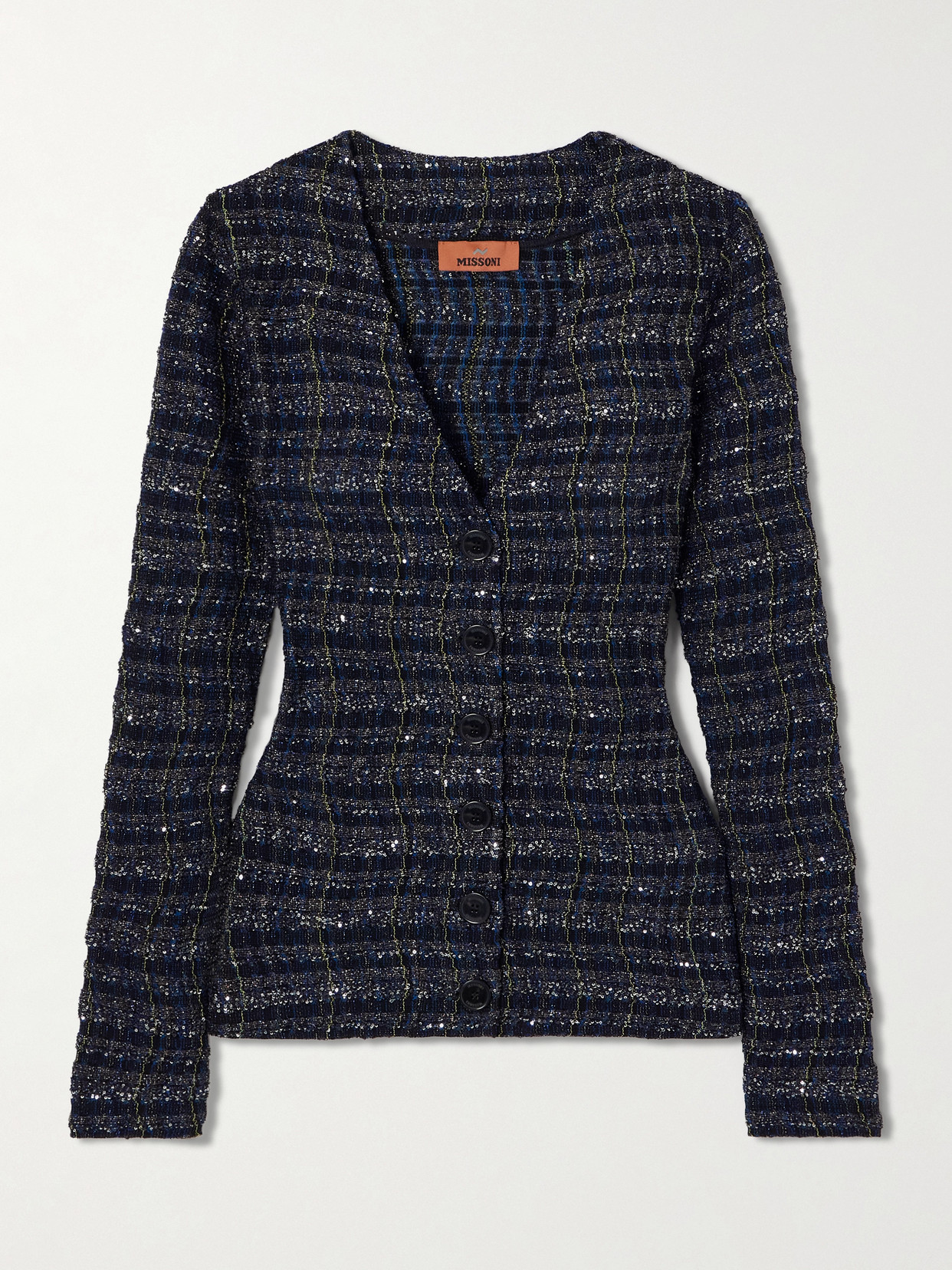 Missoni Caperdoni Sequin-embellished Checked Crochet-knit Cardigan In Blue