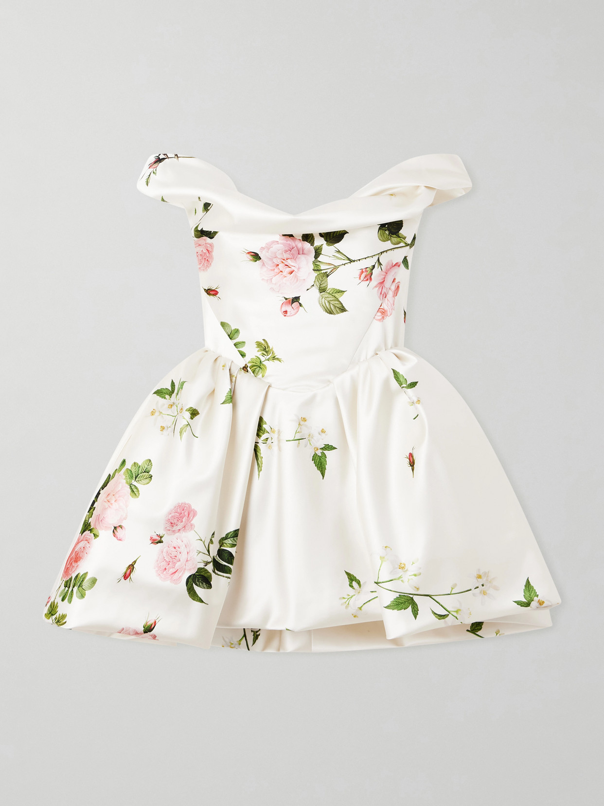Vivienne Westwood Bagatelle Off-the-shoulder Gathered Floral-print Duchesse Silk-satin Mini Dress In Multi