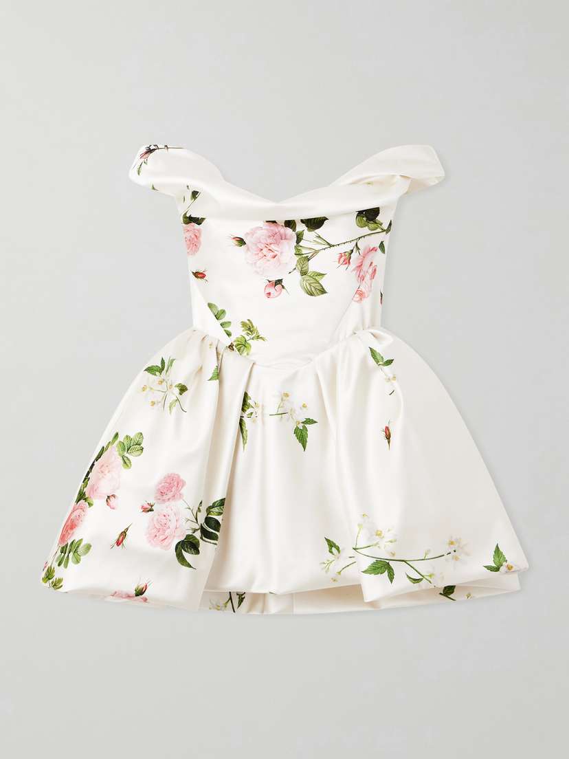 Vivienne Westwood Bagatelle Off-the-shoulder Gathered Floral-print Duchesse Silk-satin Mini Dress
