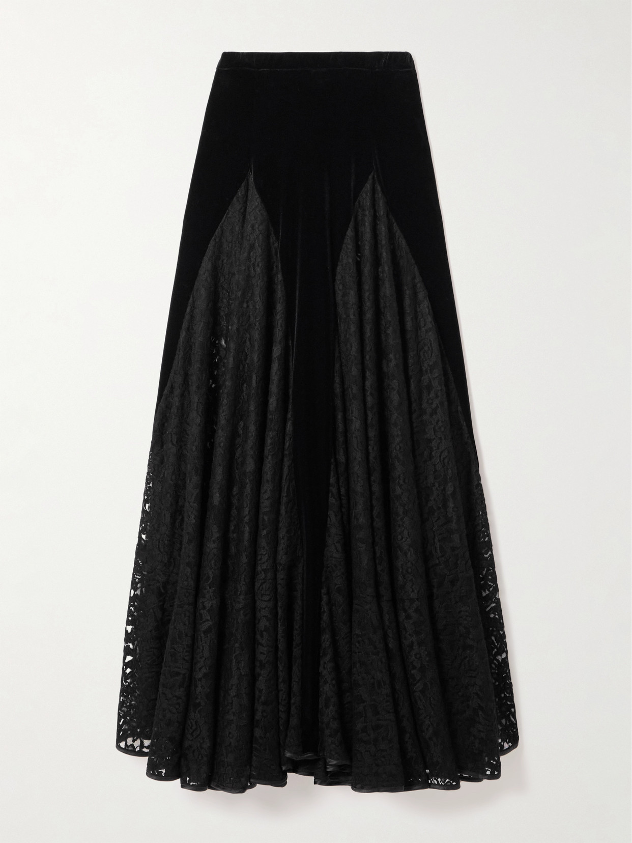 Loretta Caponi Velvet-paneled Lace Midi Skirt In Black