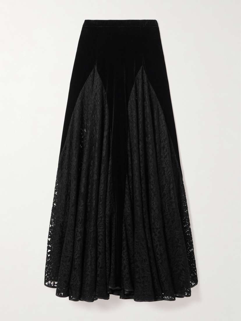Loretta Caponi Velvet-paneled Lace Midi Skirt