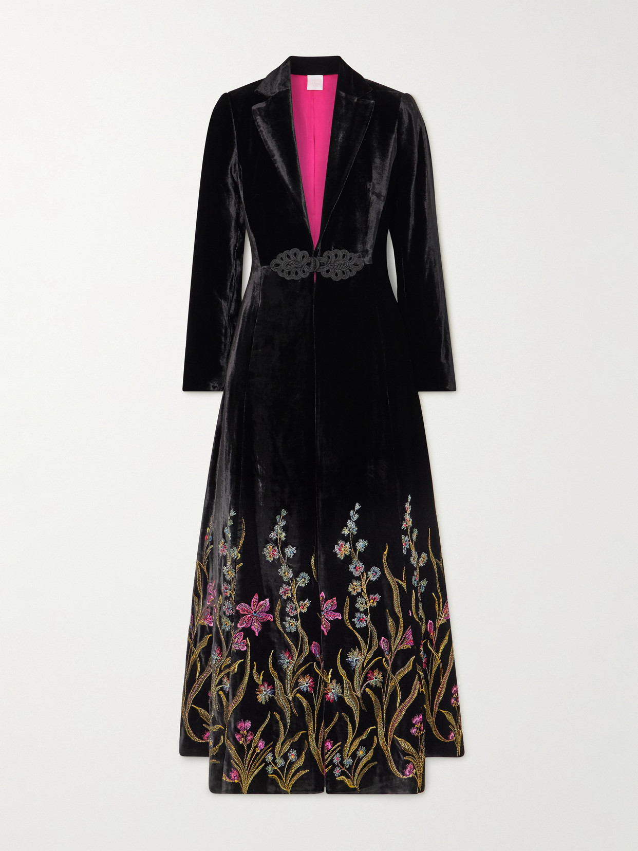 Loretta Caponi Platino Embroidered Velvet Coat In Black
