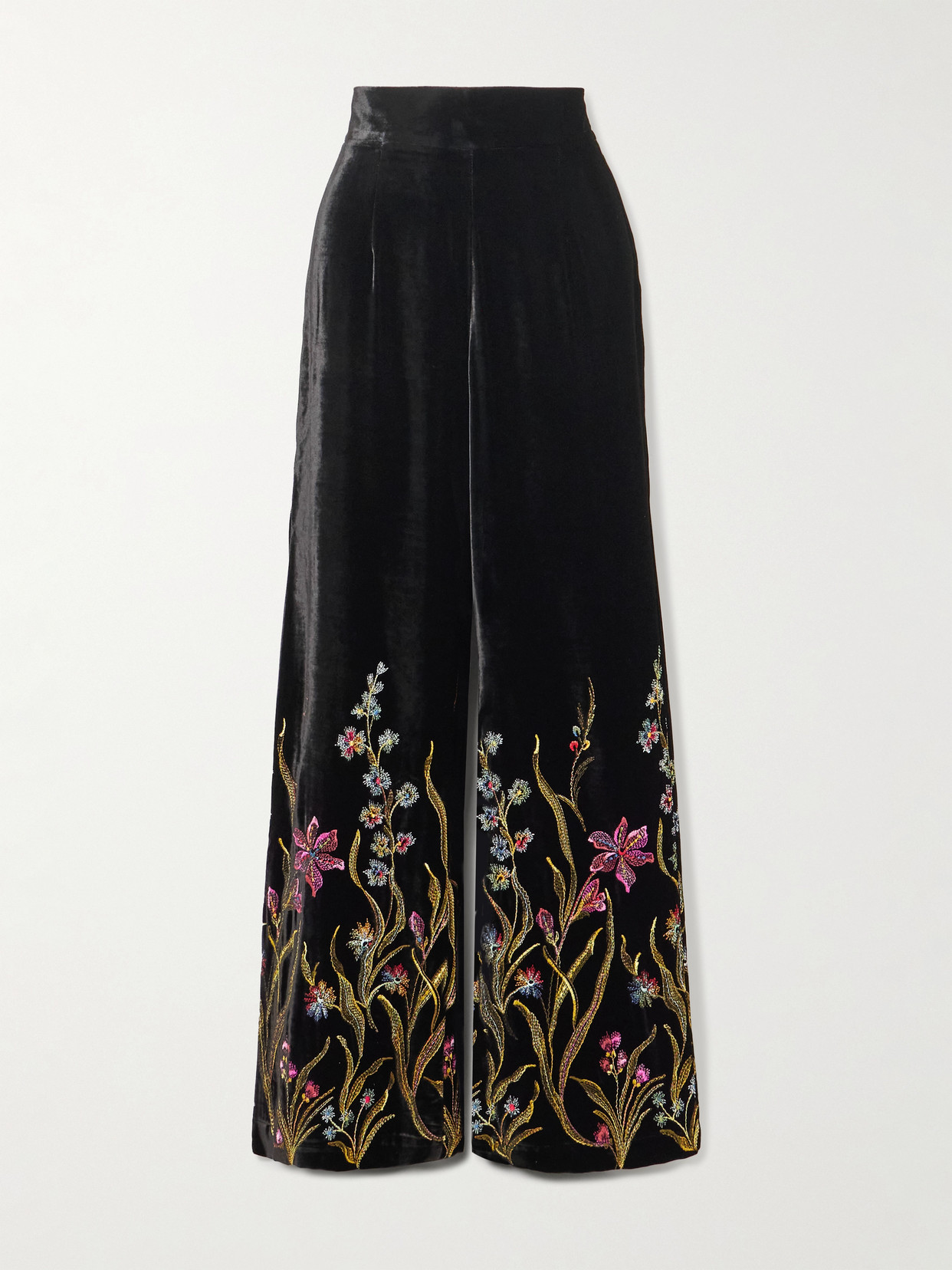 Loretta Caponi Cipro Embroidered Velvet Straight-leg Pants In Black