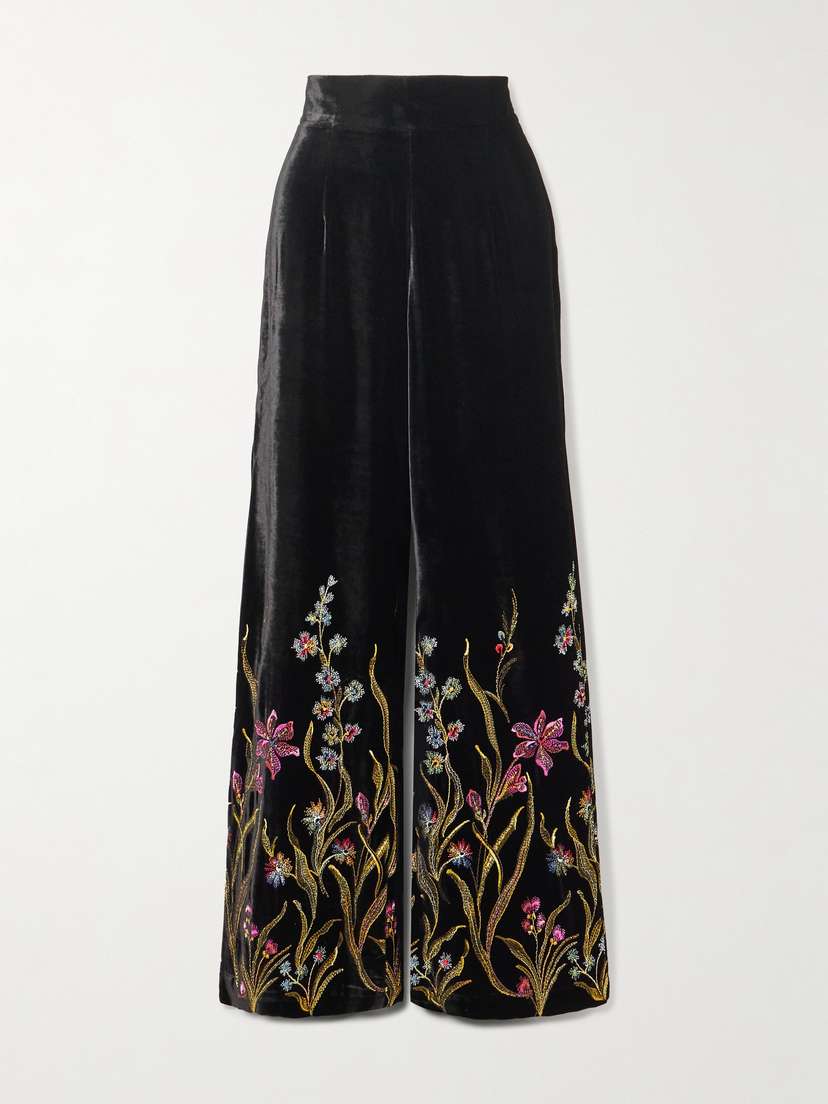 Loretta Caponi Cipro Embroidered Velvet Straight-leg Pants