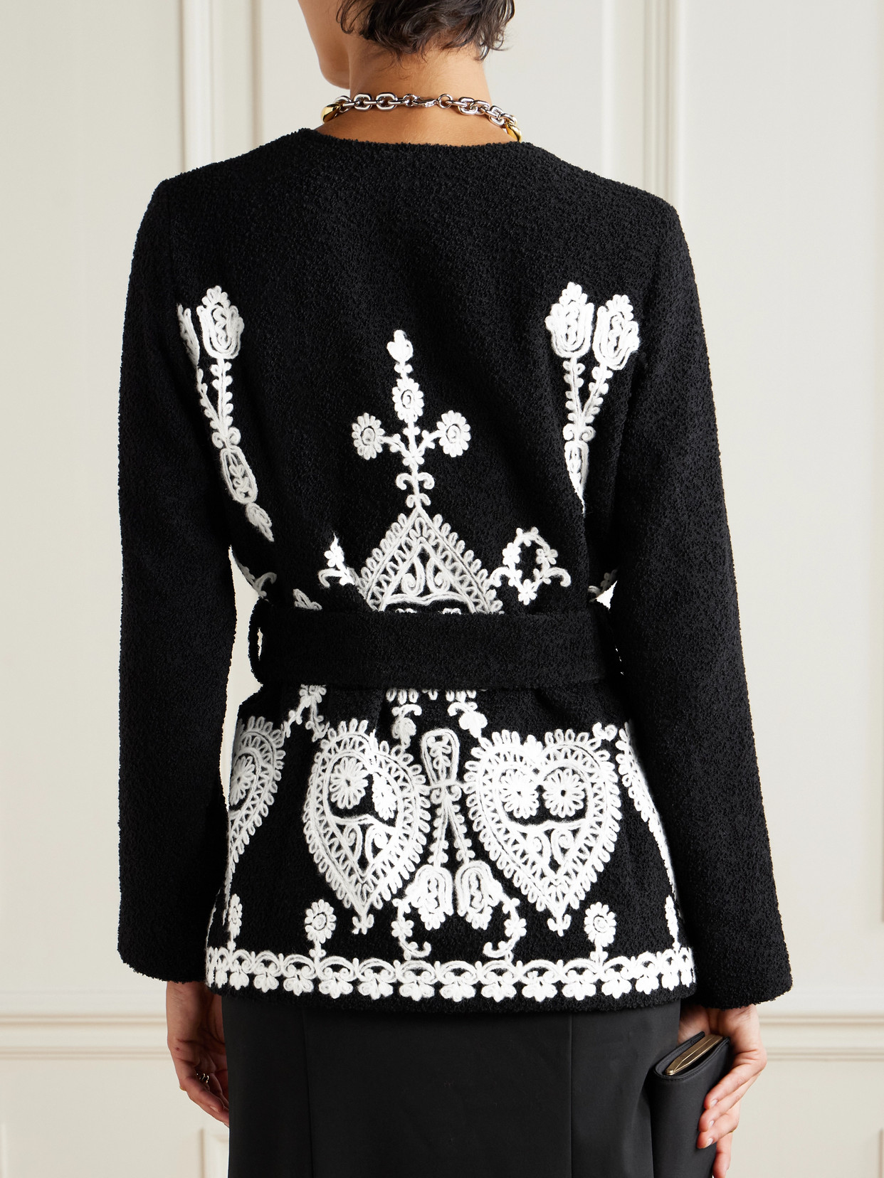 Loretta Caponi Elbaite Belted Embroidered Wool-blend Bouclé Jacket In Black