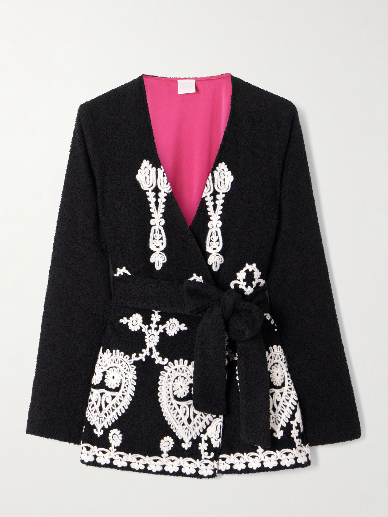 Loretta Caponi Elbaite Belted Embroidered Wool-blend Bouclé Jacket In Black