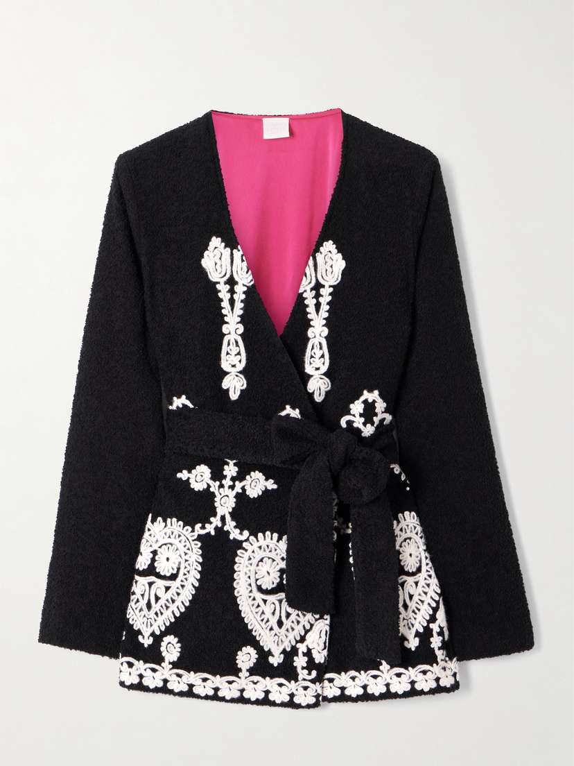 Loretta Caponi Elbaite Belted Embroidered Wool-blend Bouclé Jacket