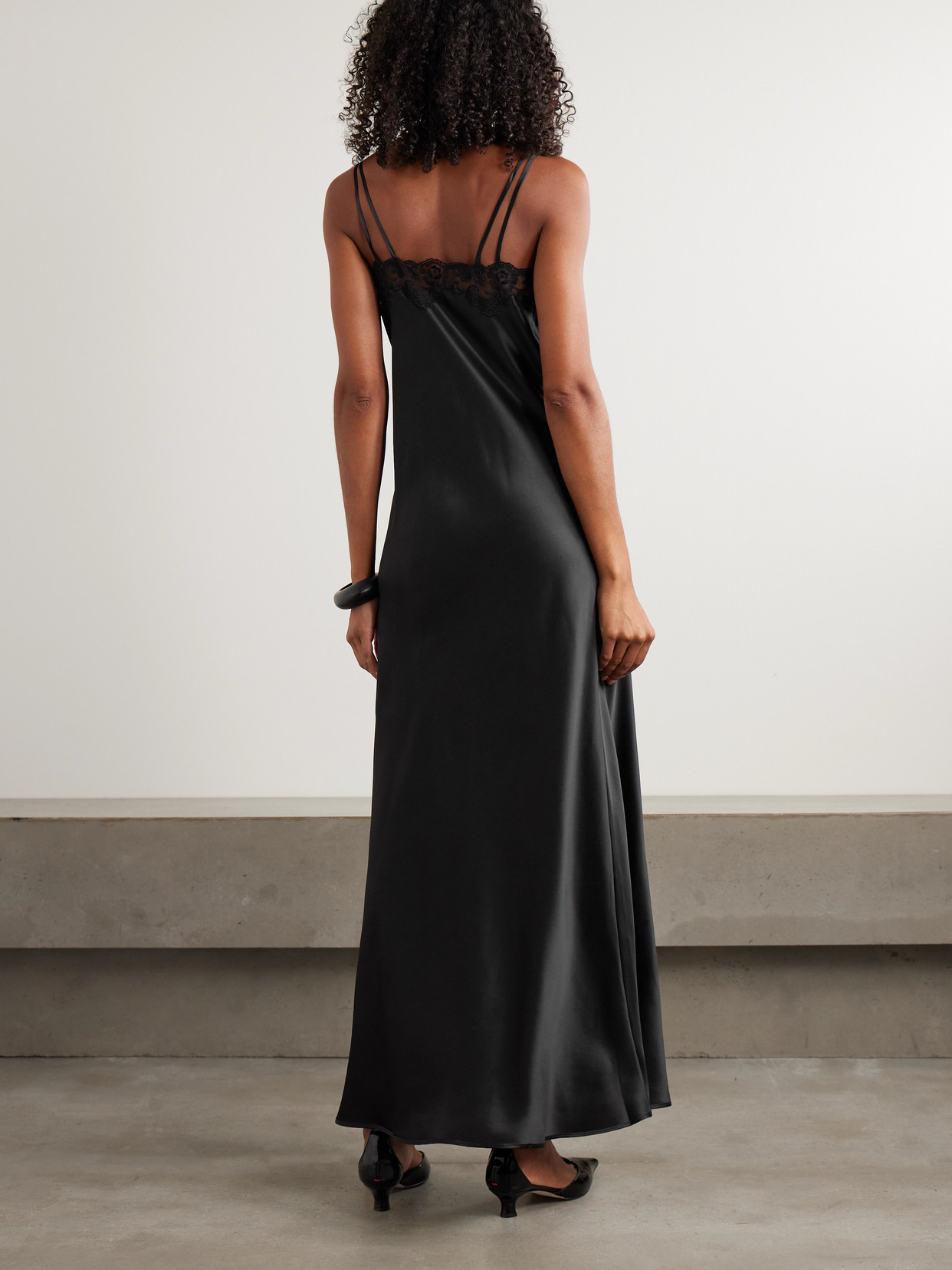 Loretta Caponi Giadette Lace-trimmed Silk-satin Gown In Black