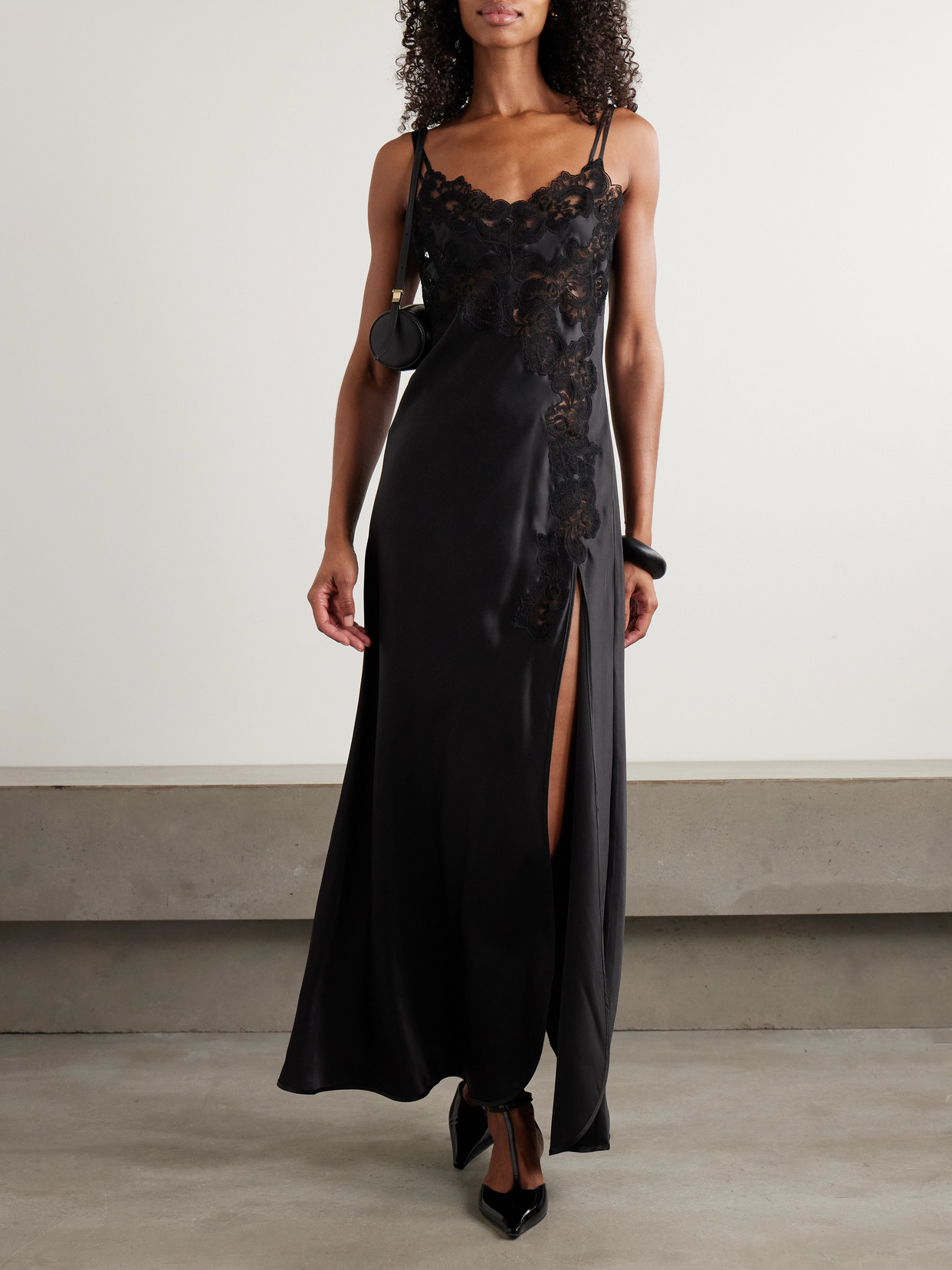 Loretta Caponi Giadette Lace-trimmed Silk-satin Gown In Black