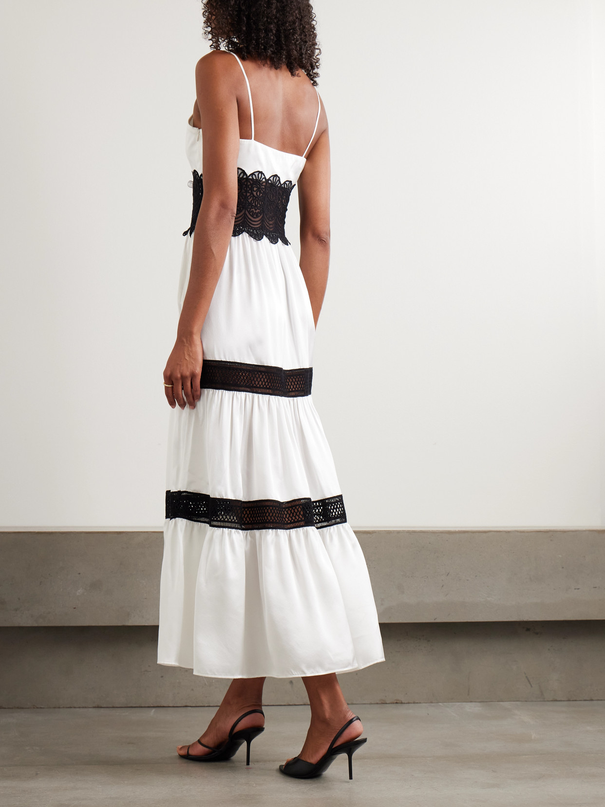 Loretta Caponi Demi Tiered Lace-trimmed Silk-satin Midi Dress In White