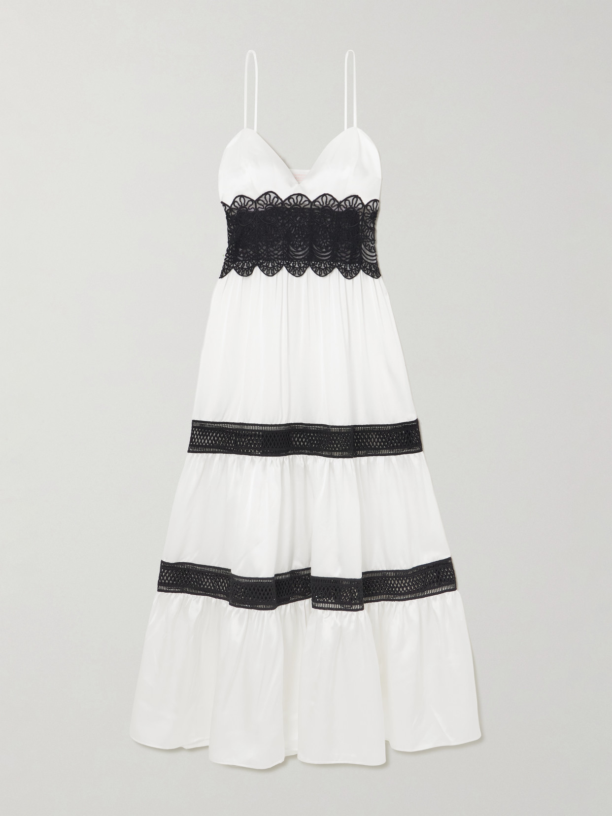 Loretta Caponi Demi Tiered Lace-trimmed Silk-satin Midi Dress In White