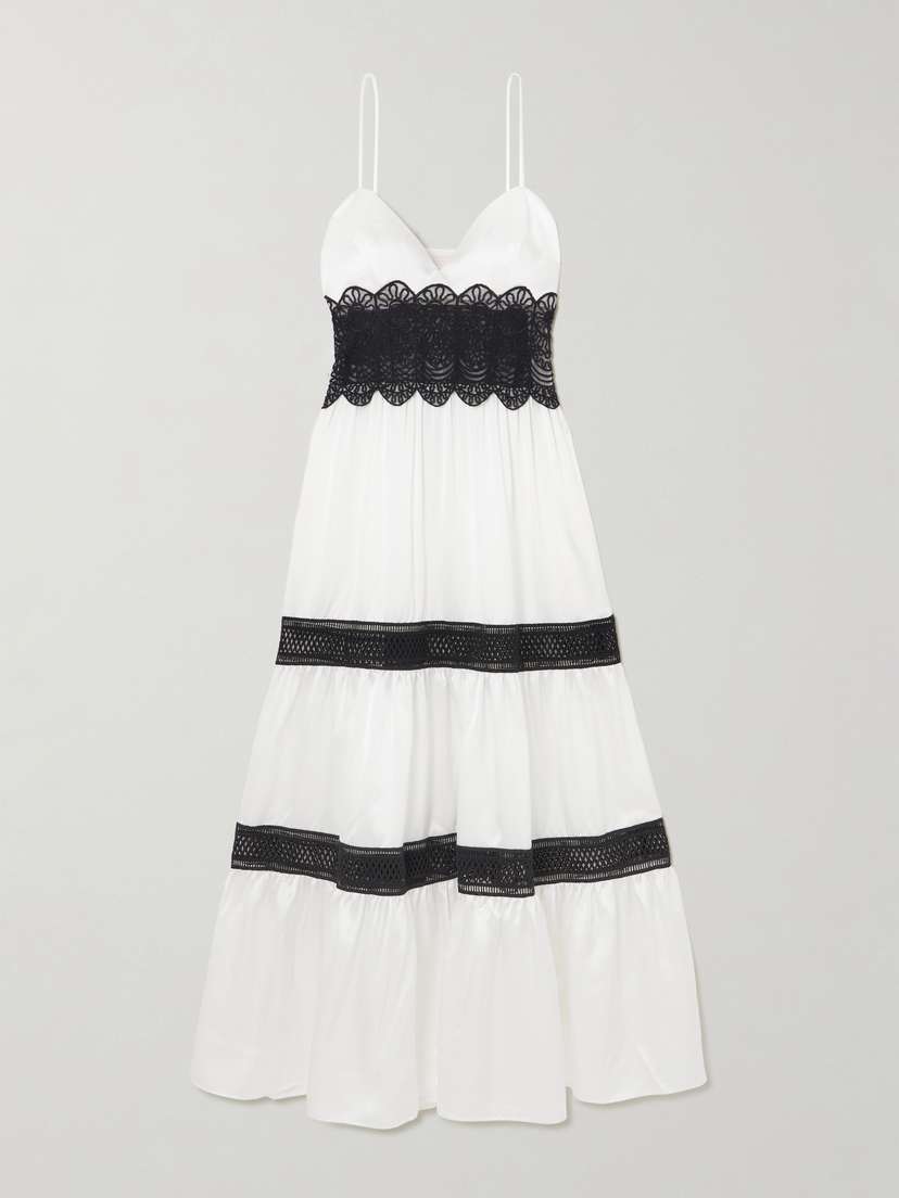 Loretta Caponi Demi Tiered Lace-trimmed Silk-satin Midi Dress