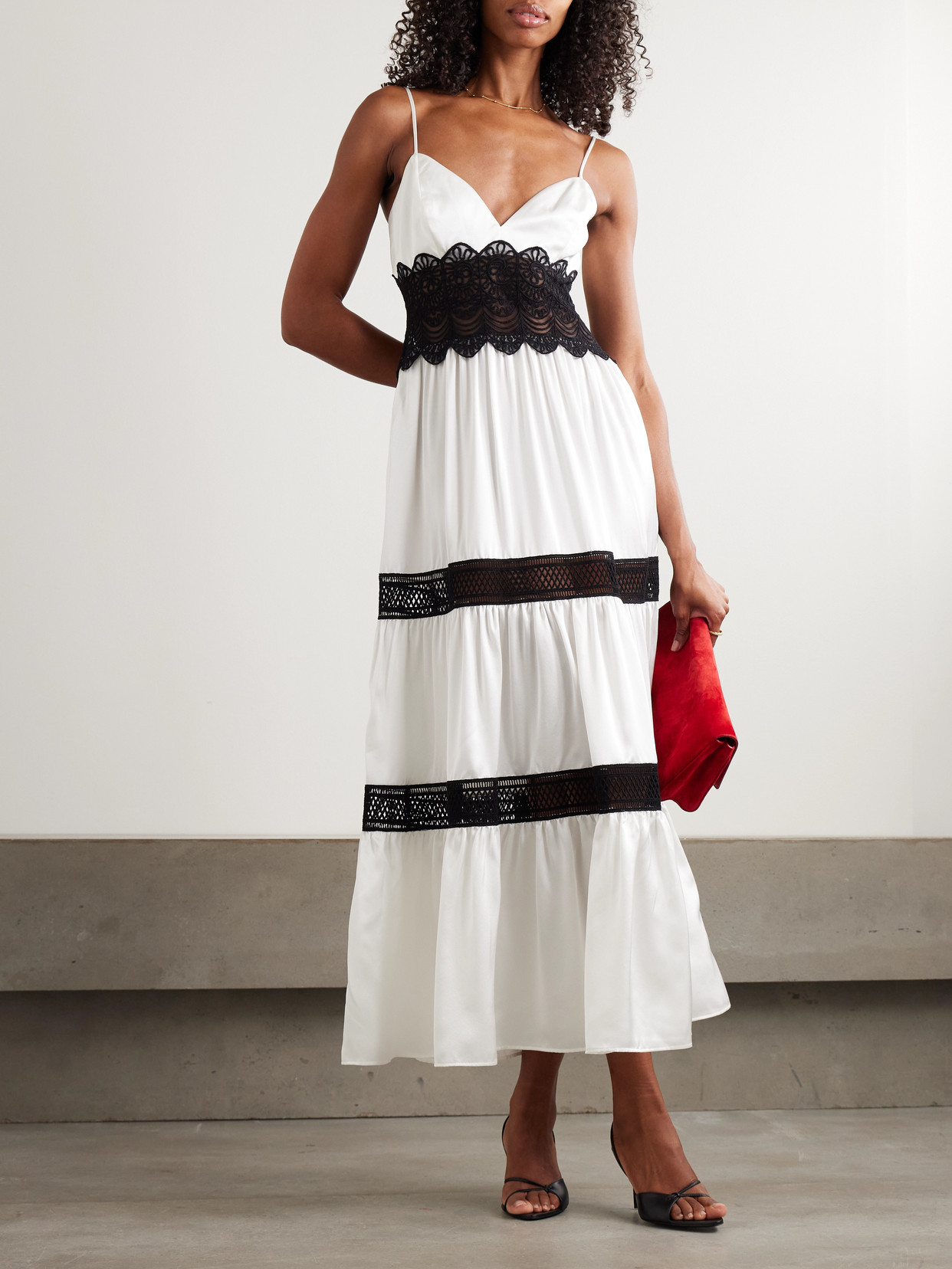 Loretta Caponi Demi Tiered Lace-trimmed Silk-satin Midi Dress In White